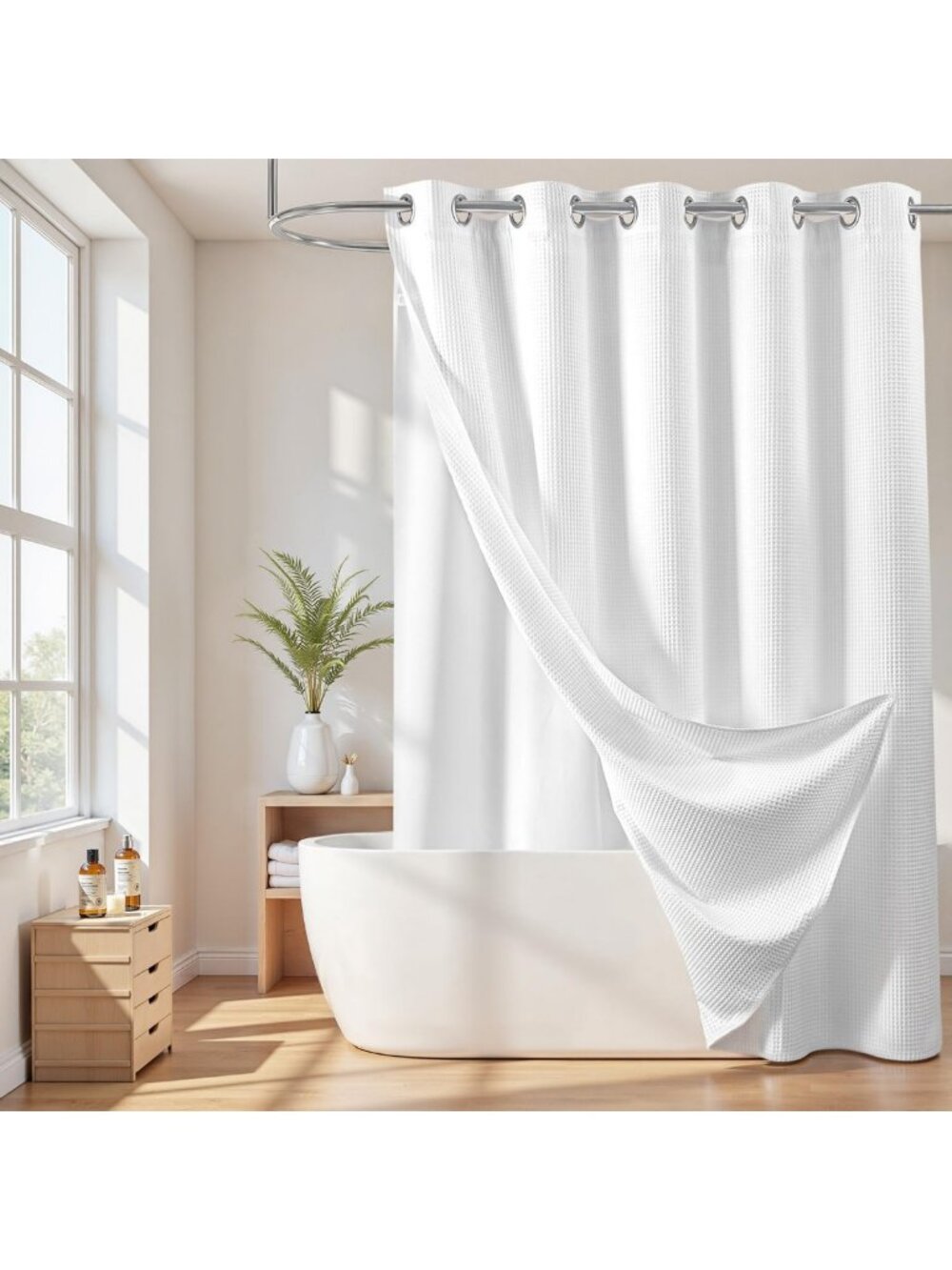 Cotton Blend No Hook Shower Curtain with Liner, White, 71"x74", Bathroom Decor